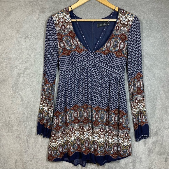Anna Grace Dress Small Blue Boho Western Print Rayon Long Sleeve Lined - Picture 1 of 13